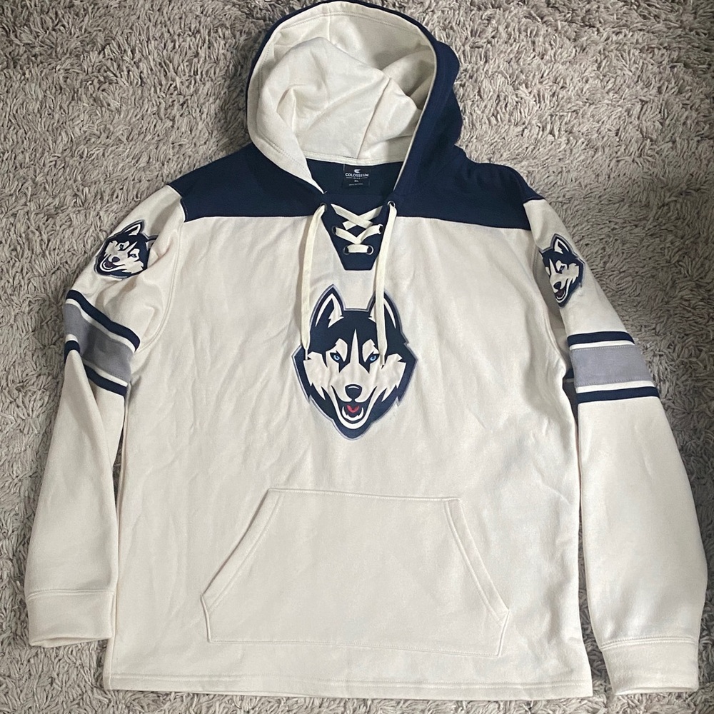 Men's White and Blue Hoodie with Husky Design